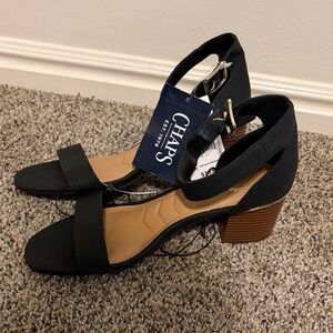 Chaps Black Open-Toe Block Heel Sandals with Ankle Buckle